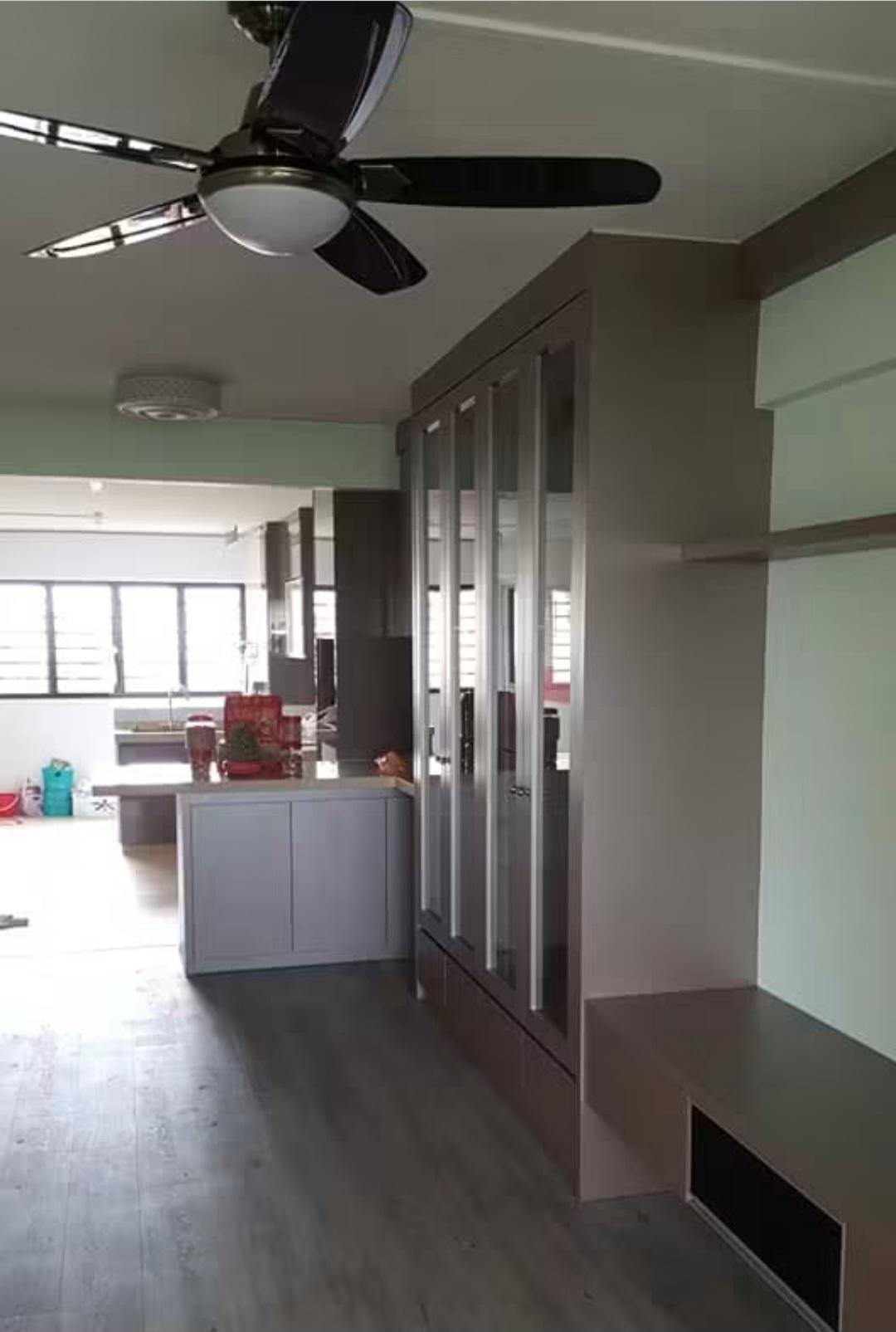 Wardrobe and TV console with kitchen view
