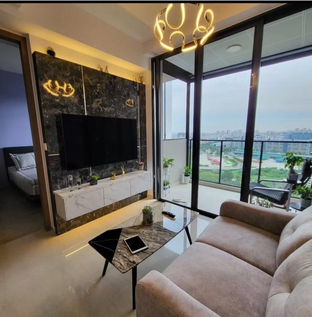 Hallway with kitchen and skyline view