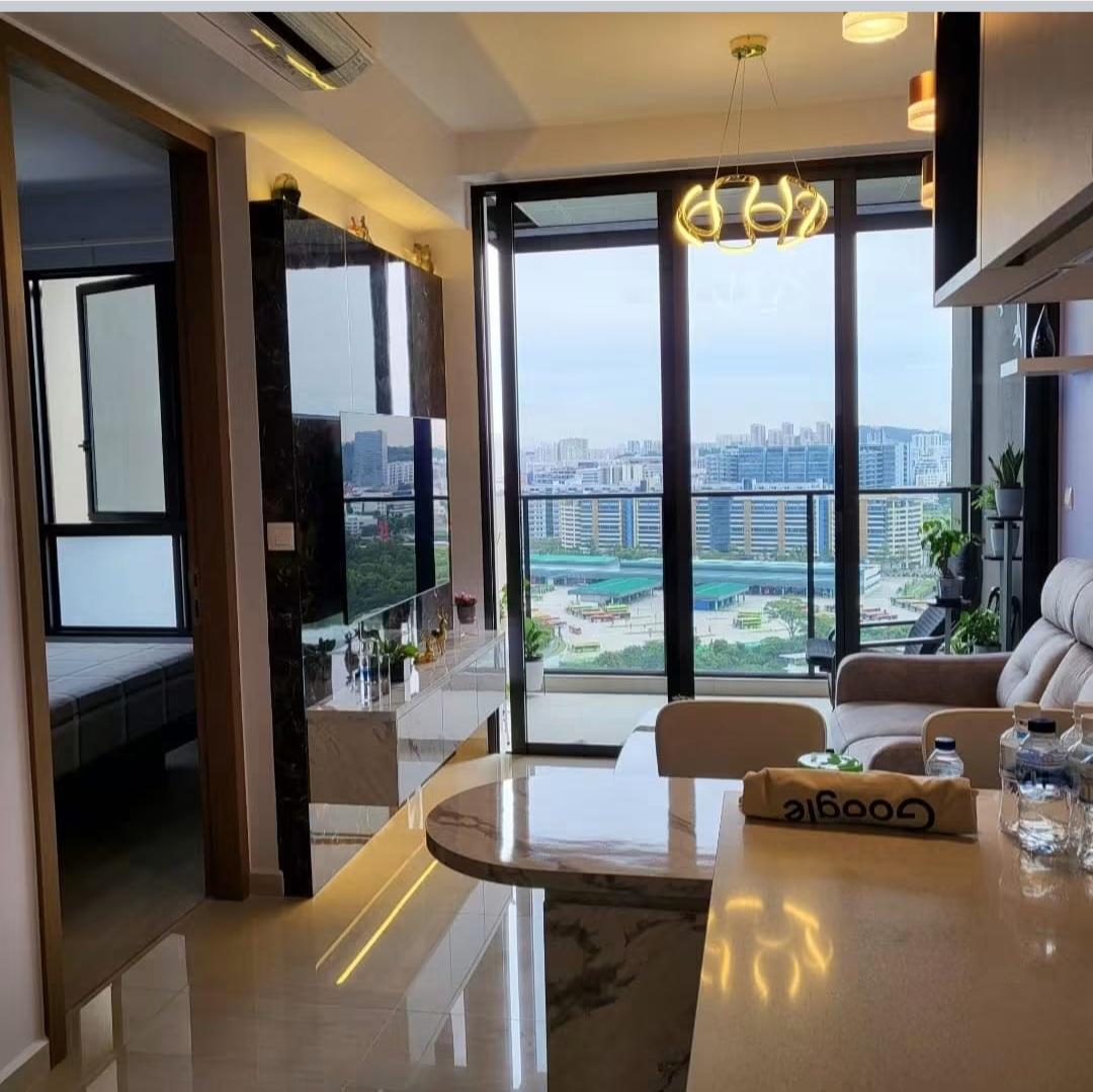 Bedroom with lavender wall and city view