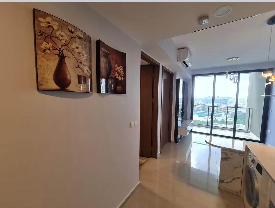 Hallway leading to kitchen with skyline view
