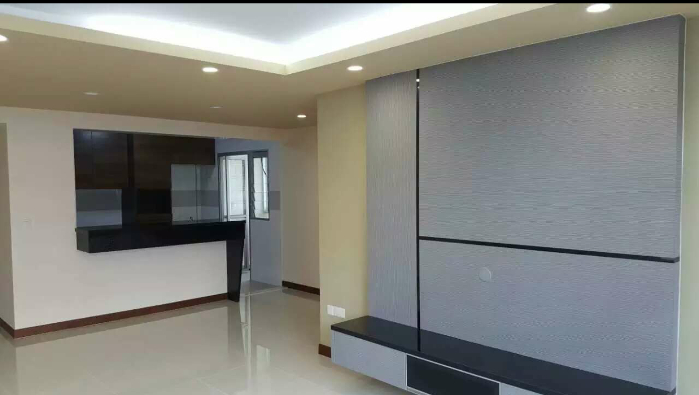 Living room feature wall with floating console