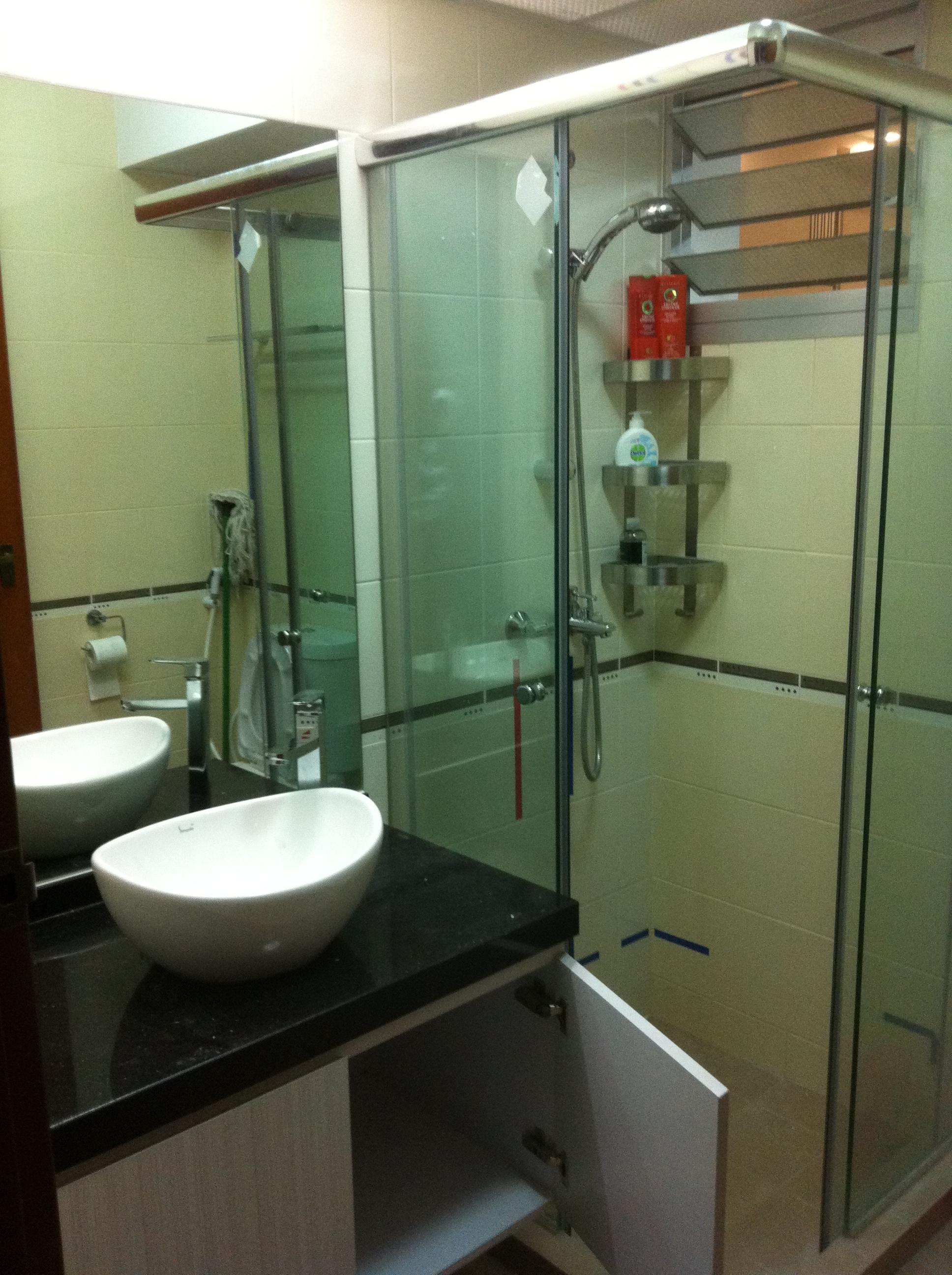 Bathroom vanity with mirror and glass shower door