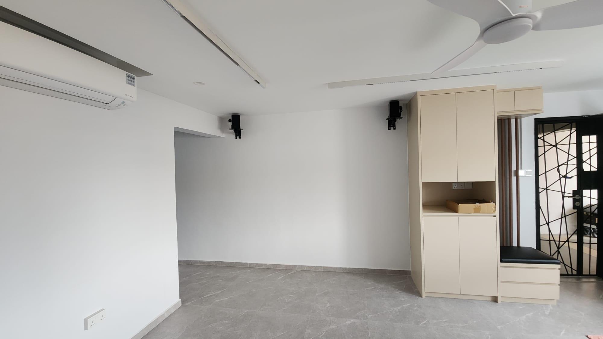 Bathroom with frosted glass door and wardrobe view