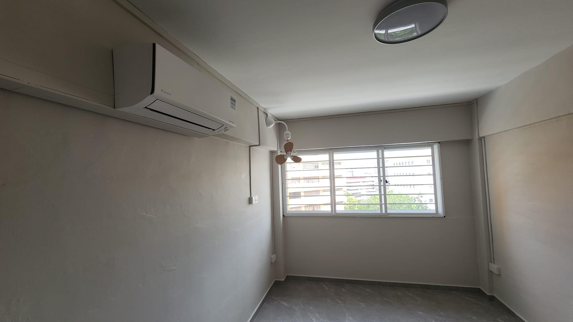 Bedroom with ceiling fan and window view