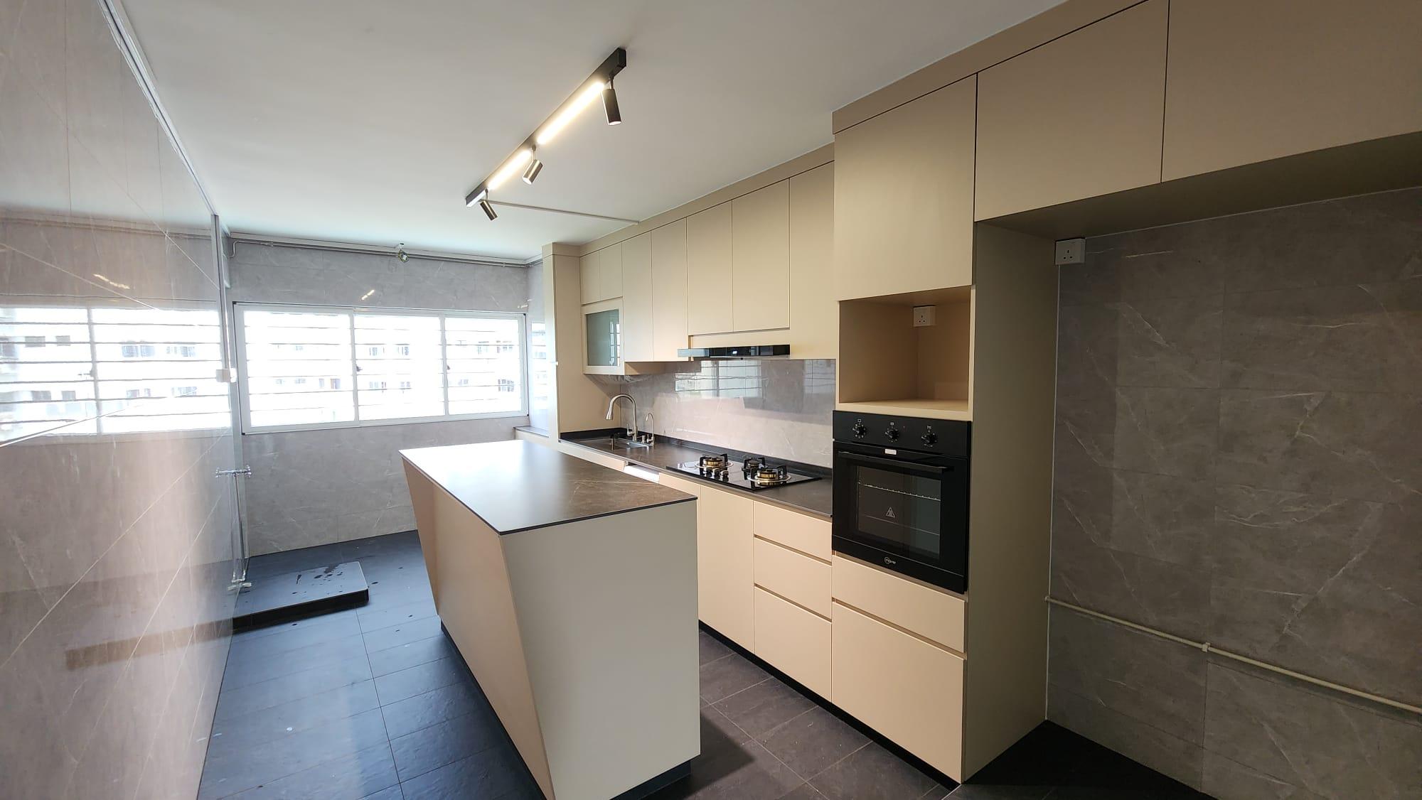 Kitchen island counter with oven and window