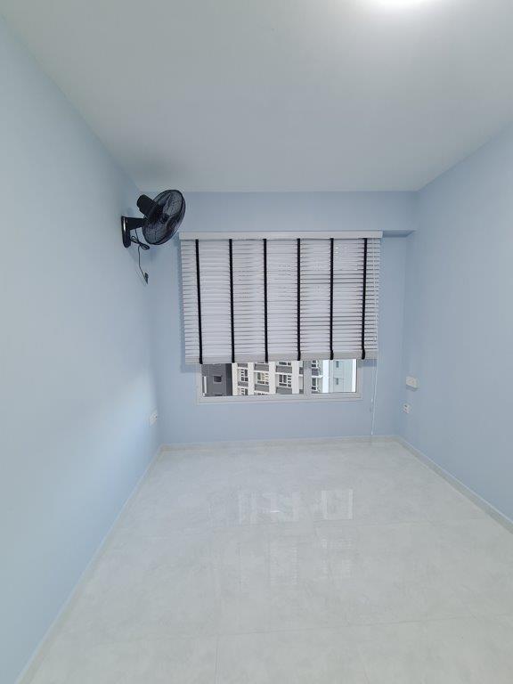 Bedroom with blinds and wall-mounted fan