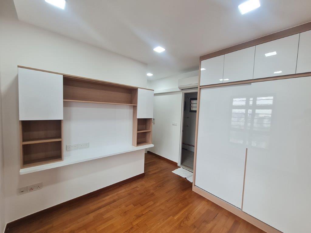 Bedroom with open shelving and wardrobe