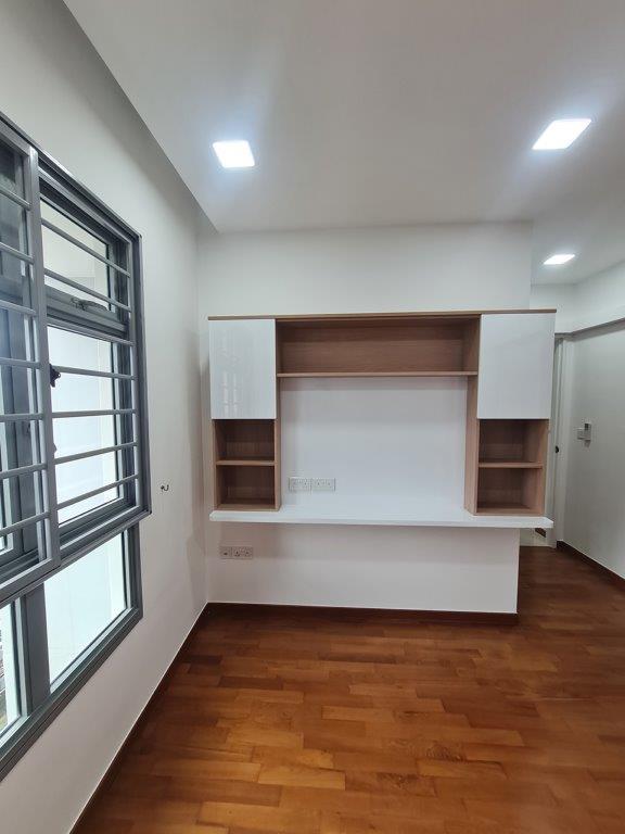 Bedroom study nook with open shelving