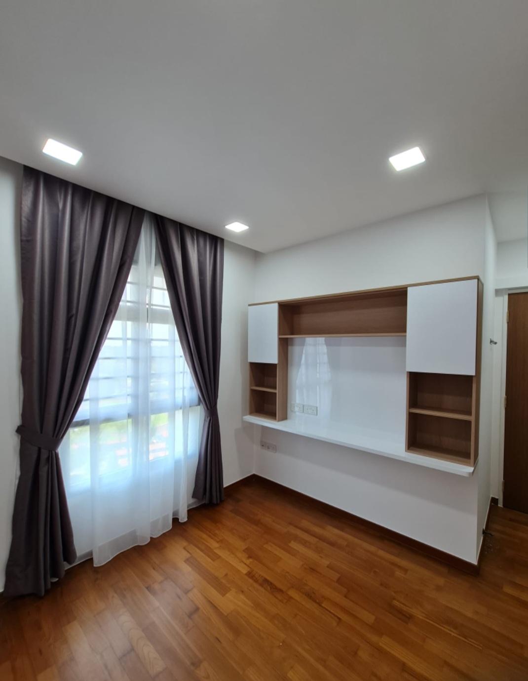 Bedroom with open shelving above desk
