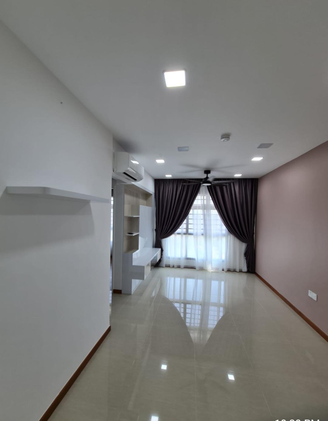 Living room with curtains and accent wall