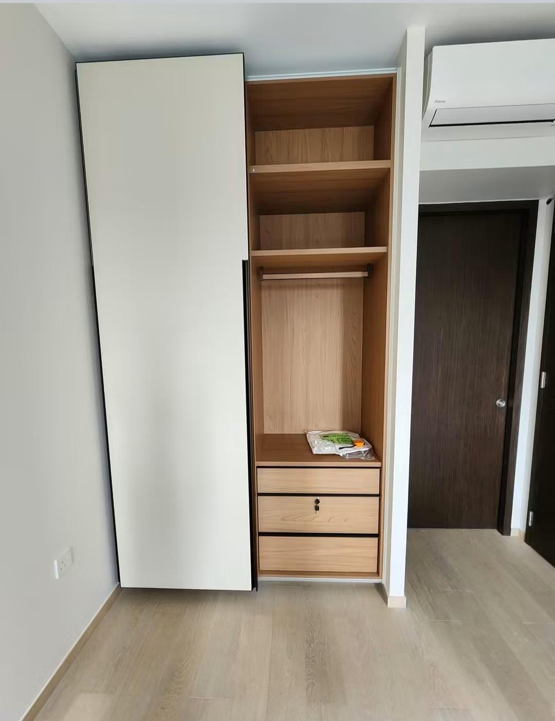Bedroom wardrobe with drawers and open shelving