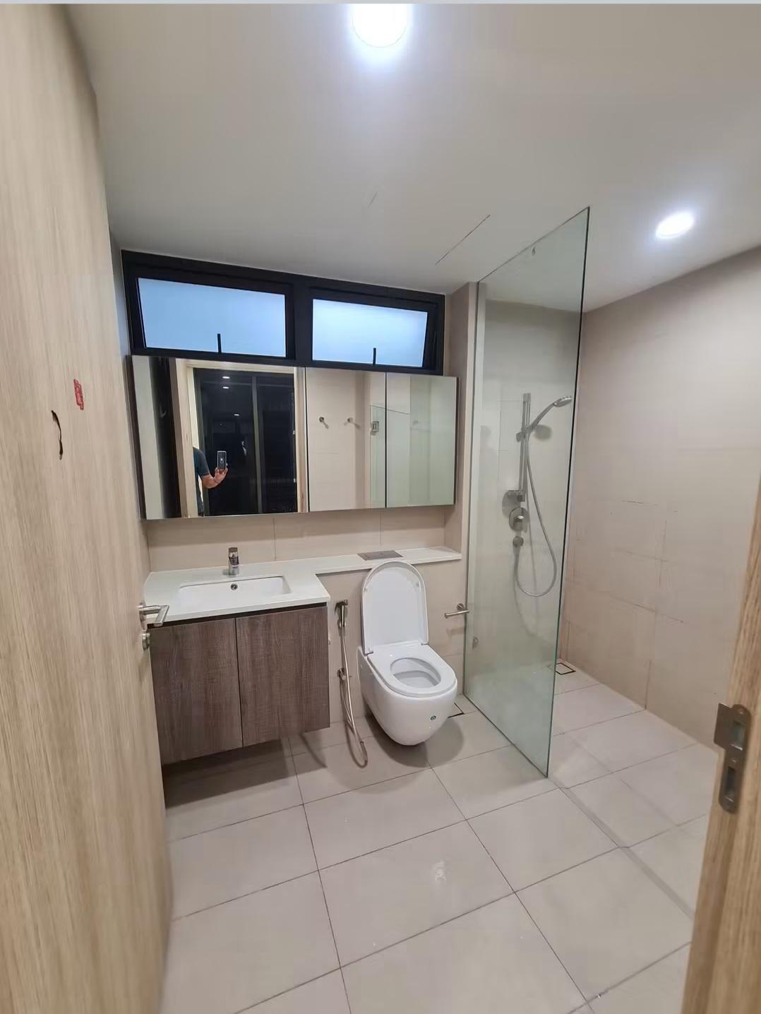 Bathroom with vanity, mirror and glass shower